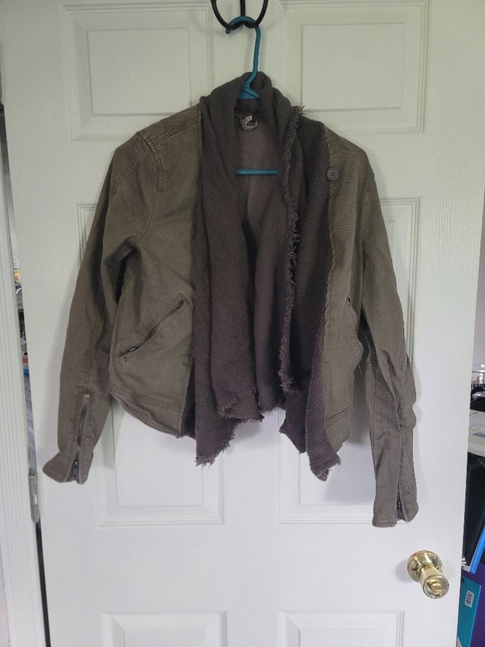 Free People Boho Foated Drape Front Moto Jacket Olive - size 8